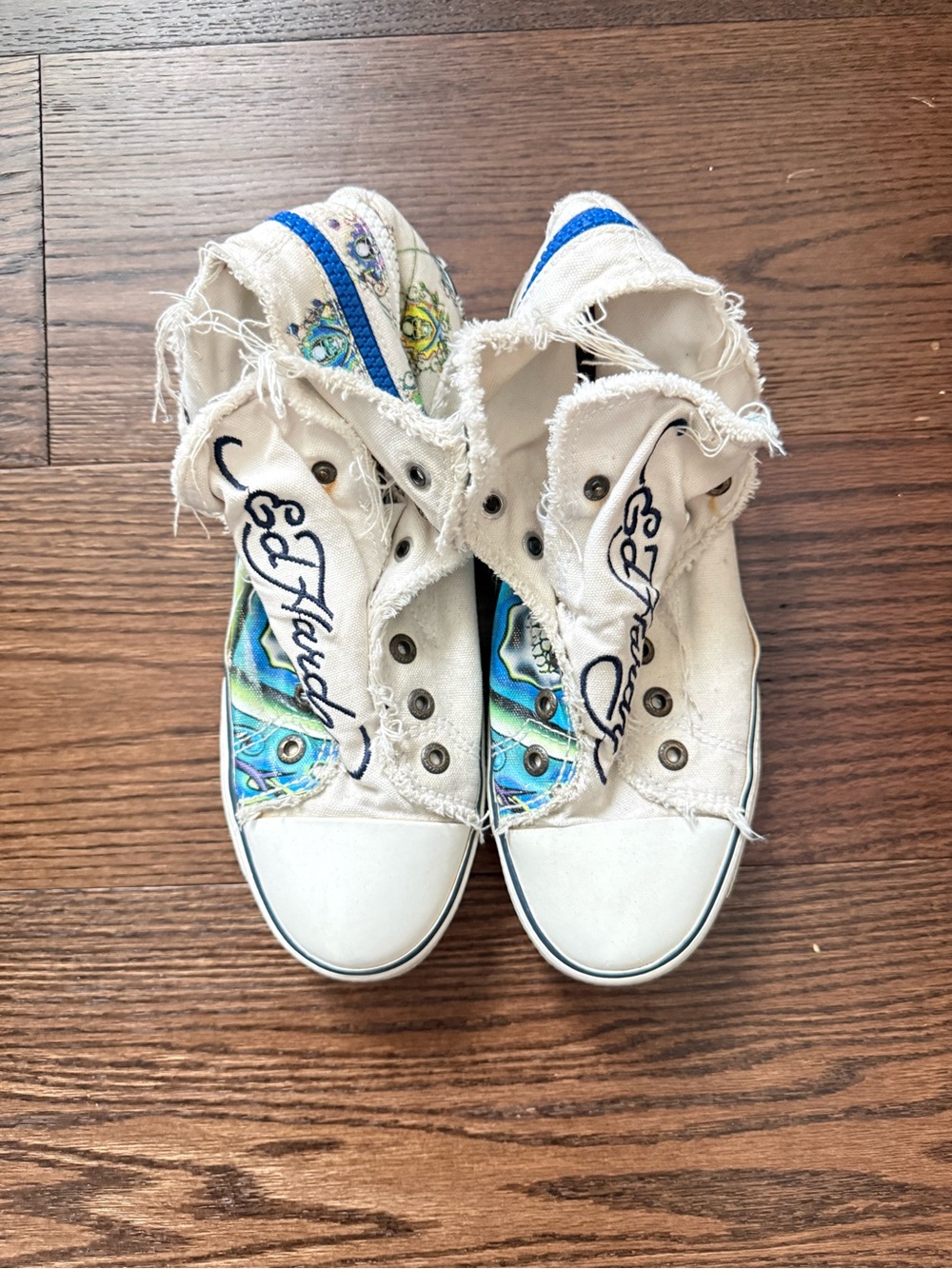 Ed Hardy Canvas Slip-On Sneakers in White and Blue